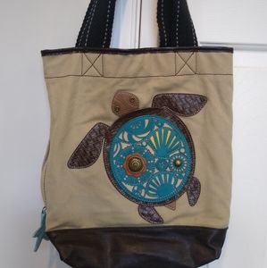 Chala Sea Turtle Vegan Tote Bag Purse Teal  Brown Zipper Side Pocket Polka Dots